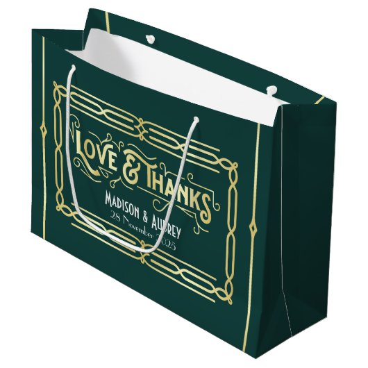 Grand Sac Cadeau Art Déco Mariage Amour & Merci Gold Green Favorise (Devant Angle)