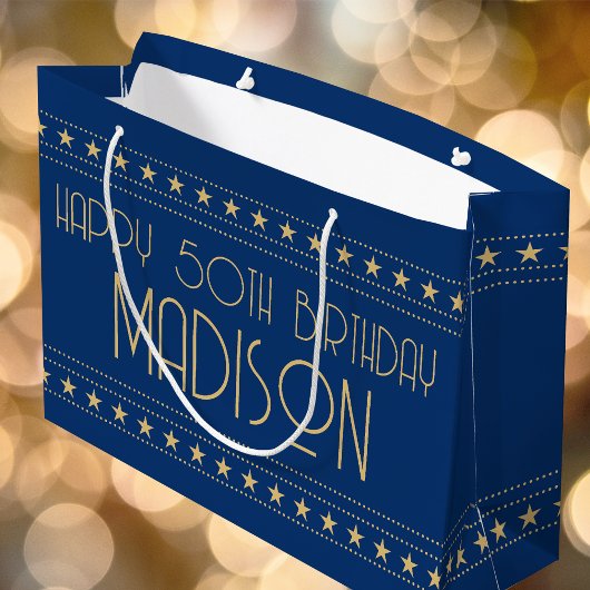 Grand Sac Cadeau Art Déco Star Custom Age Name Blue Gold