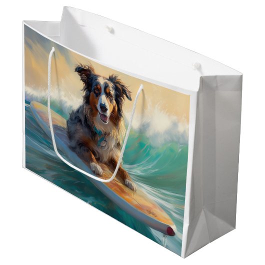 Grand Sac Cadeau Australian Shepherd Beach Surfing Peinture (Devant Angle)