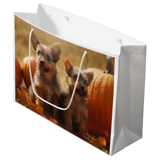 Grand Sac Cadeau Australien Terrier Chiot Automne Citrouille de pla (Devant Angle)