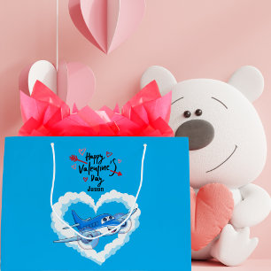 Grand Sac Cadeau Avion bleu mignon et nuages, Saint-Valentin pour e