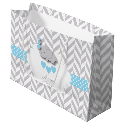Grand Sac Cadeau Baby Blue 🐘 Elephant Design 👶 Baby Boy Douche (Devant Angle)