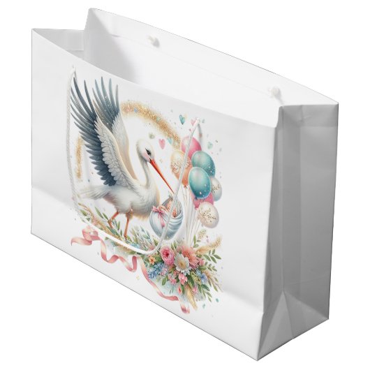 Grand Sac Cadeau Baby Girl Stork (Devant Angle)