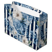 Grand Sac Cadeau Baby Shower Bleu Marine Fleurs Rayures (Dos Angle)