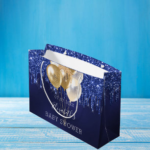 Grand Sac Cadeau Baby shower bleu marine or parties scintillant gou