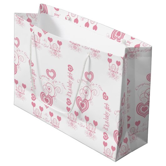 Grand Sac Cadeau Baby shower Coeurs roses (Devant Angle)
