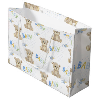 Grand Sac Cadeau Baby shower d'aquarelle Blue Baby Boy Teddy Bear