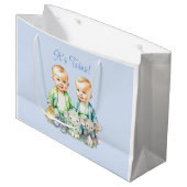 Grand Sac Cadeau Baby shower d'aquarelle Blue, Green Twins (Devant Angle)