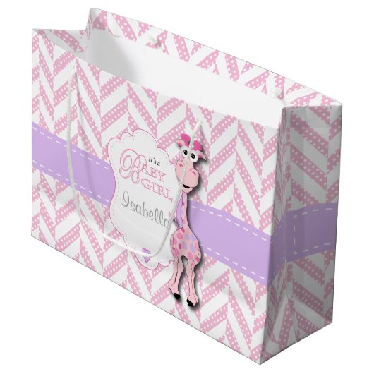 Grand Sac Cadeau Baby shower de girafe rose (Devant Angle)