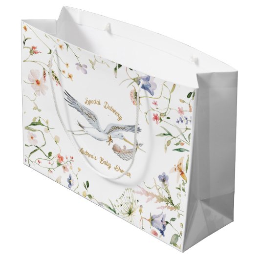 Grand Sac Cadeau Baby shower de ruban Fleur sauvage Stork (Dos Angle)