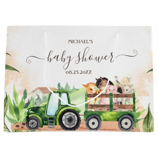 Grand Sac Cadeau Baby shower de tracteur pour animaux de ferme aqua (Devant)