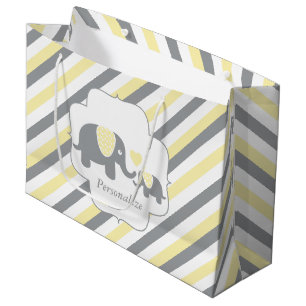 Grand Sac Cadeau Baby shower des éléphants blancs, jaunes et gris