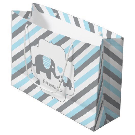 Grand Sac Cadeau Baby shower Eléphants blanc, bleu et gris (Devant Angle)