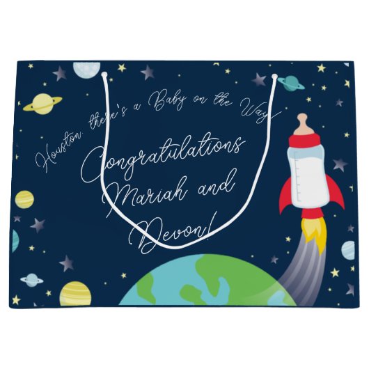 Grand Sac Cadeau Baby shower Espace Extérieur Bouteille Fusée Navir (Devant)