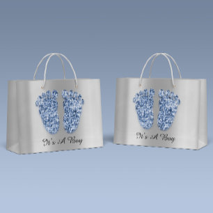 Grand Sac Cadeau Baby shower Feet C'est un garçon Blue Navy Argent