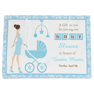 Grand Sac Cadeau Baby shower femme Brunette Damask bleu