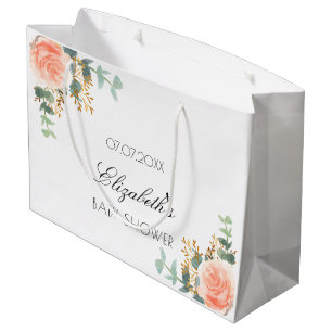 Grand Sac Cadeau Baby shower floral rose or rousse eucalyptus