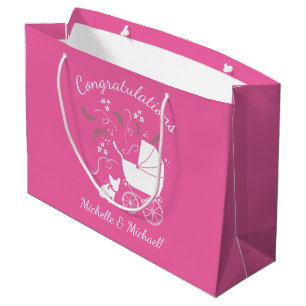 Grand Sac Cadeau Baby shower français de Bulldog, français rose