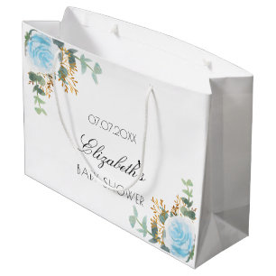 Grand Sac Cadeau Baby shower garçon bleu clair eucalyptus floral