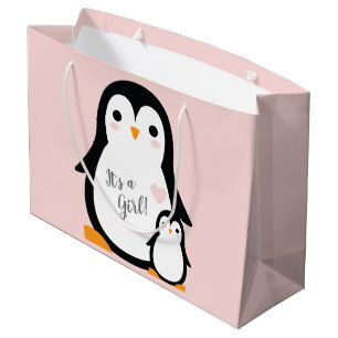 Grand Sac Cadeau Baby shower Pingouin mignon fille rose