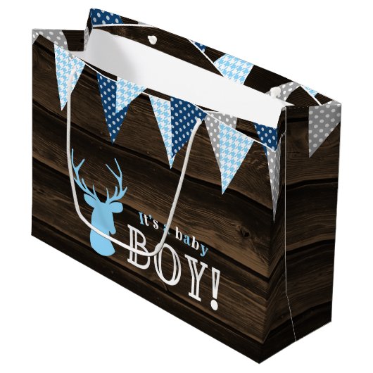 Grand Sac Cadeau Baby shower rustique Bois Bleu Cerf (Devant Angle)
