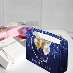 Grand Sac Cadeau Ballons de douche de mariée bleu marine doré avec 
