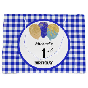 Grand Sac Cadeau Ballons de fête à carreaux bleus et paillettes ble