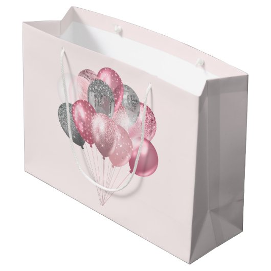 Grand Sac Cadeau Ballons de parties scintillant rose et argent (Dos Angle)