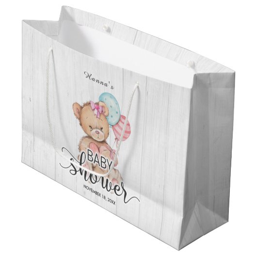 Grand Sac Cadeau Ballons en bois blanc et Baby shower fille ours en (Devant Angle)