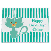 Grand Sac Cadeau Bande Aqua-Blanc ・ Chat ・ Personnalisé (Devant)