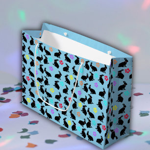 Grand Sac Cadeau Bande de lapins en silhouette noire Fleurs bleues
