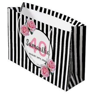 Grand Sac Cadeau Bandes blanches noires florales roses 40e annivers