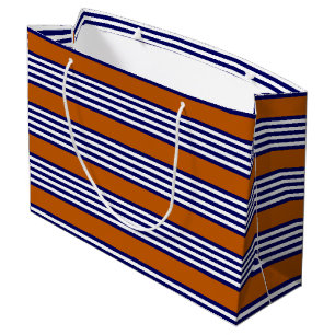 Grand Sac Cadeau Bandes bleu marine et blanc avec orange brûlé