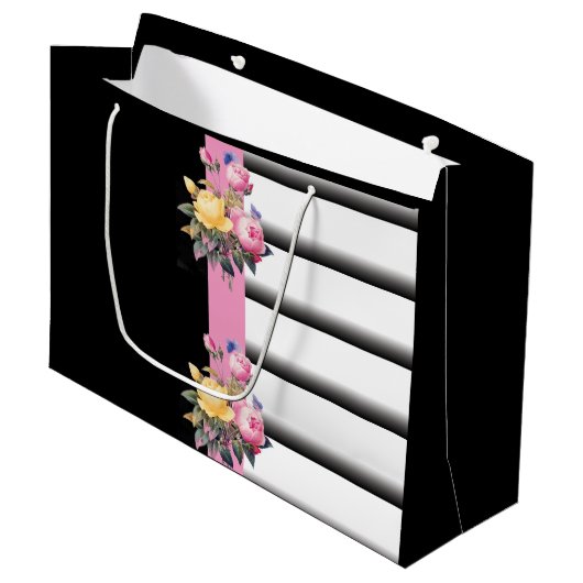 Grand Sac Cadeau Bandes et impression florale (Devant Angle)