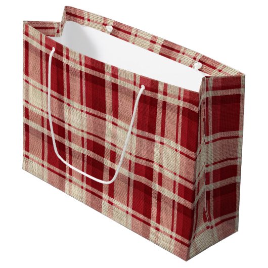 Grand Sac Cadeau Bandes Plaid Crème Rouge (Devant Angle)