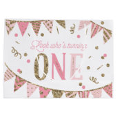 Grand Sac Cadeau Bannière Parties scintillant rose et or Premier an (Dos)