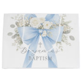 Grand Sac Cadeau Baptême bébé garçon Eucalyptus Bleu Bow (Devant)