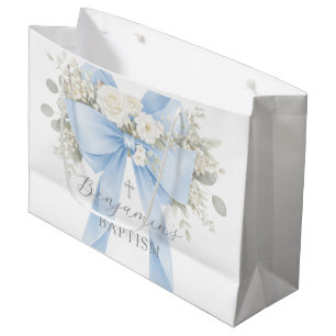 Grand Sac Cadeau Baptême bébé garçon Eucalyptus Bleu Bow