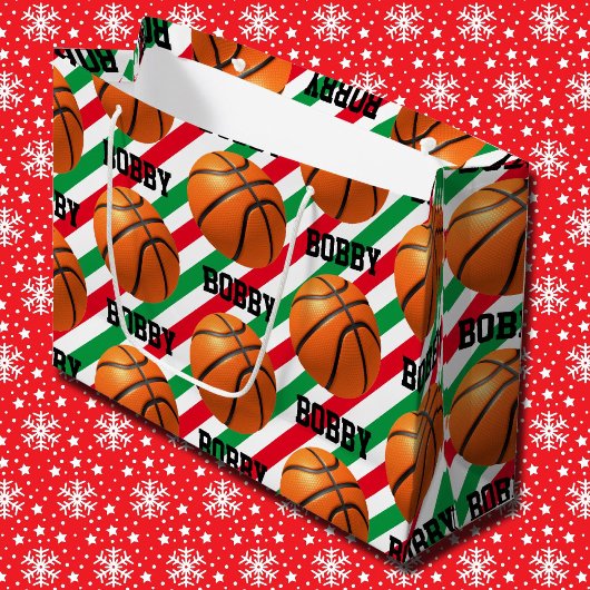 Grand Sac Cadeau Basketball Noël Ajouter le nom Bande rouge n vert