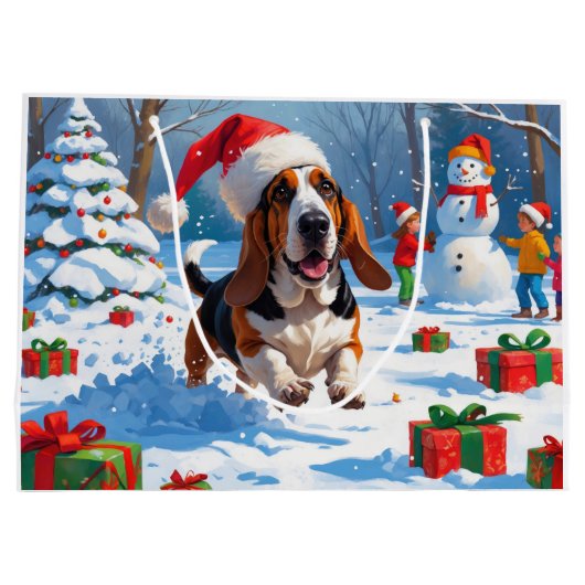 Grand Sac Cadeau Basset Hound Festive de Noël Scène de neige (Dos)