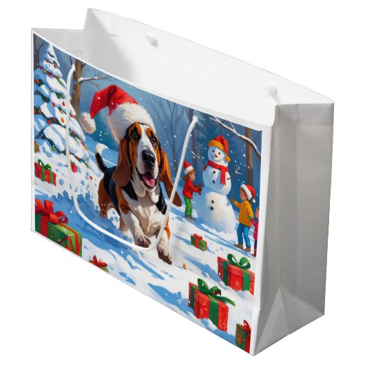 Grand Sac Cadeau Basset Hound Festive de Noël Scène de neige (Devant Angle)