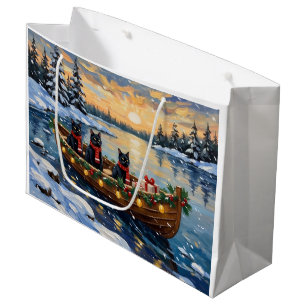 Grand Sac Cadeau Bateau de Noël de chat noir pour les fêtes