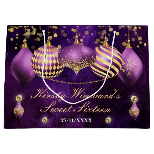 Grand Sac Cadeau Baubles de Noël pourpre et or doux 16 (Devant)