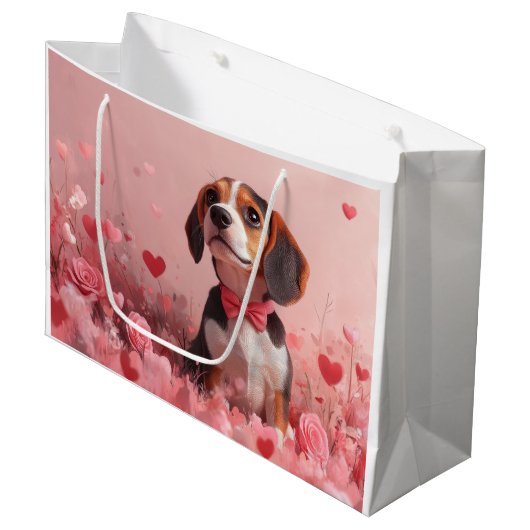 Grand Sac Cadeau Beagle avec Rose - Saint Valentin (Devant Angle)