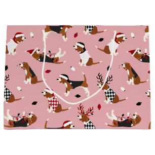 Grand Sac Cadeau Beagle de Noël rose