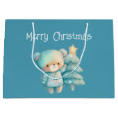 Grand Sac Cadeau Bear mignonne et sapin de Noël Turquoise (Devant)
