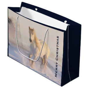 Grand Sac Cadeau Beau Cheval Blanc Galloping dans Noël de neige
