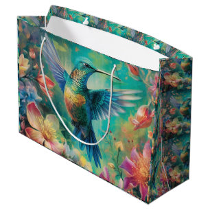 Grand Sac Cadeau Beau colibri entouré de fleurs