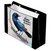 Grand Sac Cadeau Beau Corbeau sur une branche d'arbre Anniversaire (Devant Angle)