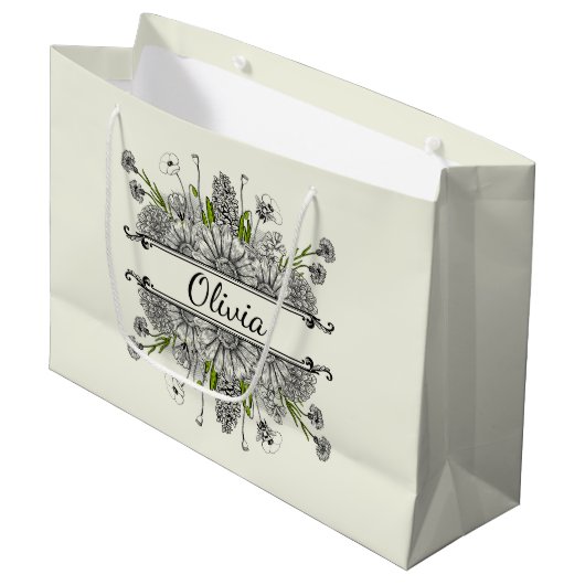 Grand Sac Cadeau Beau dessin de fleurs noires et blanches (Devant Angle)